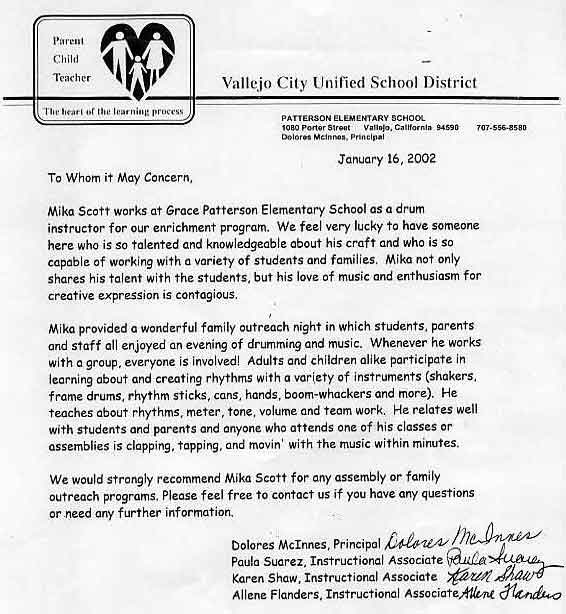 Vallejo Unified School District Letter of Reference